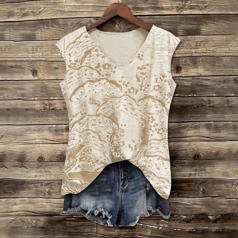 Women's Japanese Art Plum Blossom Print Women's Casual V-neck Tank Top