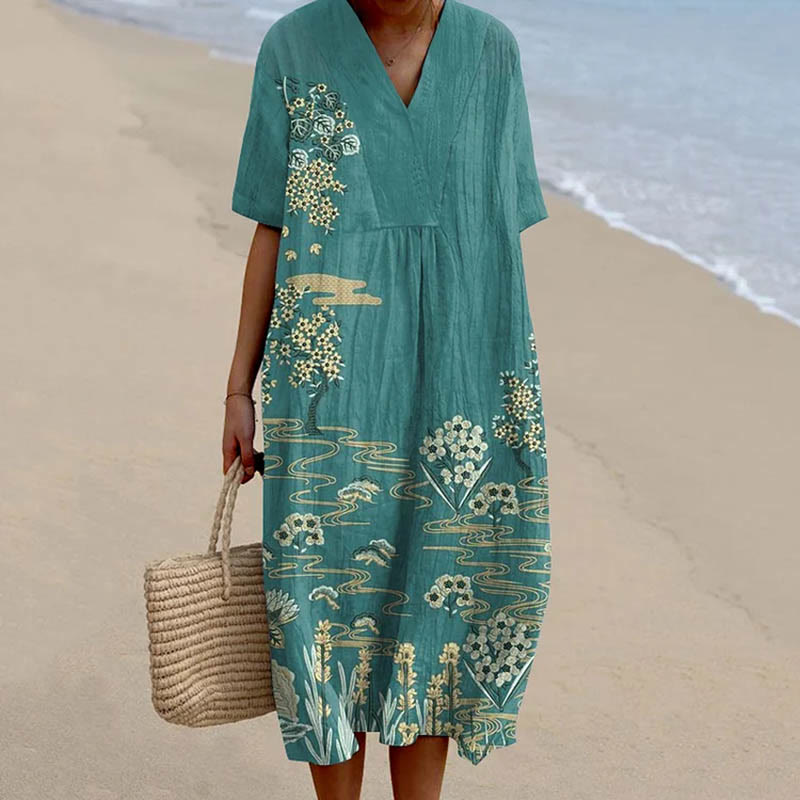 Women's Japanese Vintage White Sakura Trees Art Print Flowy Dress - Blue - 5XL - image 1