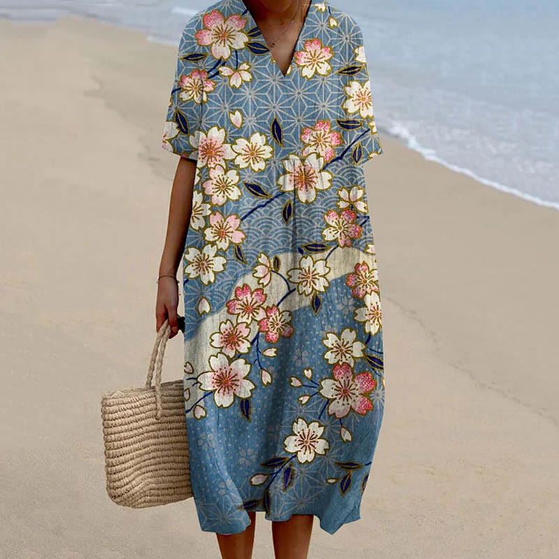 Women's Japanese Lovely Vivid Sakura Art Print Flowy Dress - Blue - 5XL - image 1