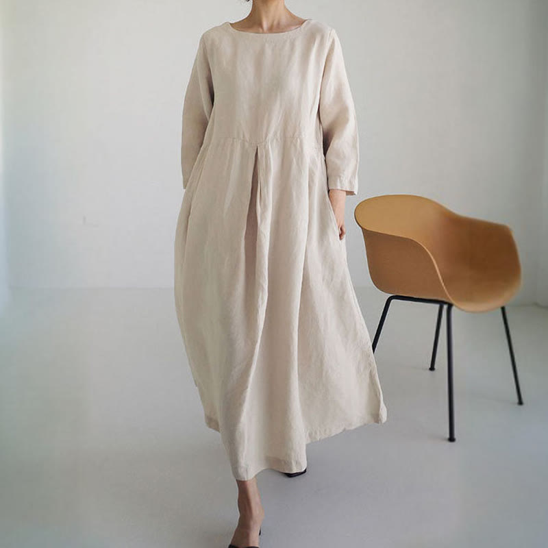 Women's Spring Apricot Cotton Pockets Patchwork Print Crew Neck Dress - image 2