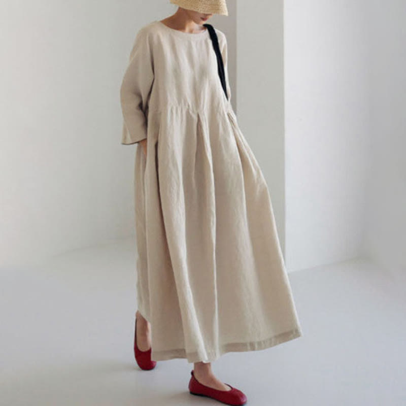 Women's Spring Apricot Cotton Pockets Patchwork Print Crew Neck Dress - Apricot - 6XL - image 1