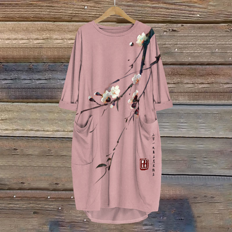 Vintage Plum Blossom Art Print Crew Neck Dress - Pink - 8XL - image 2