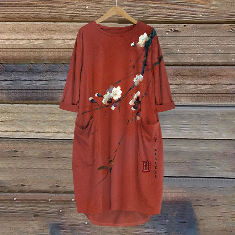 Vintage Plum Blossom Art Print Crew Neck Dress - Red - 8XL - image 1