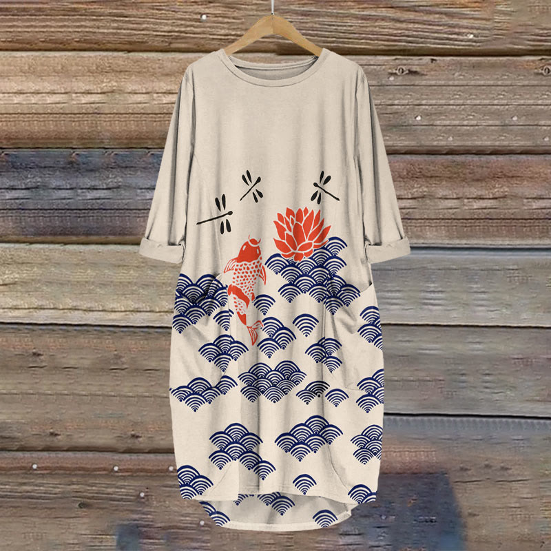 Japanese Style Koi Fish Dragonfly Wave Art Print Crew Neck Dress - Apricot - 8XL - image 1