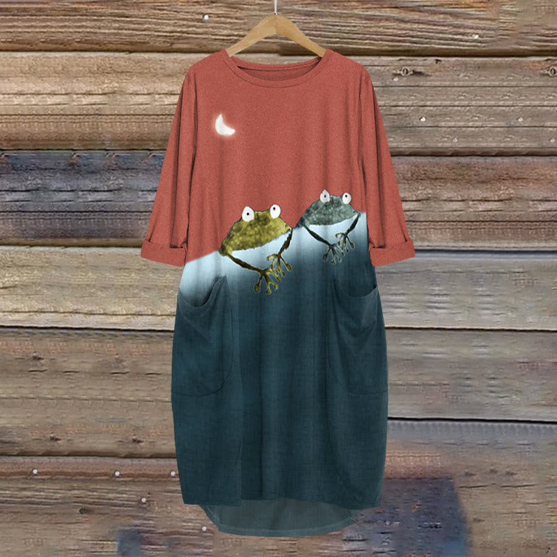 Simple Frog Color Block Print Crew Neck Dress - Red - 8XL - image 2