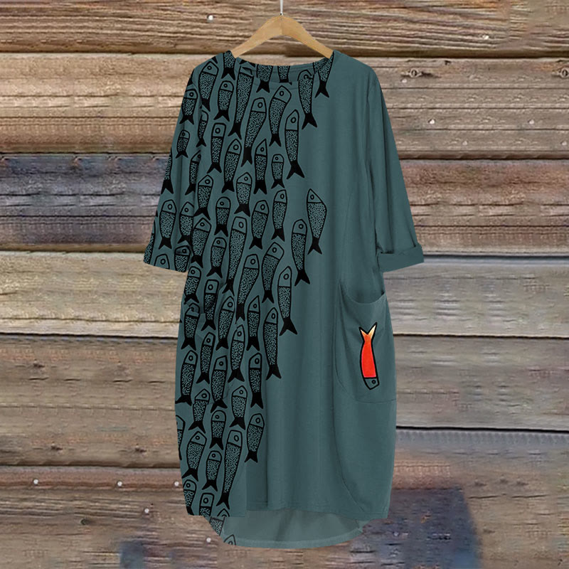 Cute Simple Lines Abstract Geometric Fish Art Print Crew Neck Dress - Dark Green - 8XL - image 2