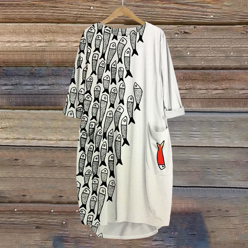 Cute Simple Lines Abstract Geometric Fish Art Print Crew Neck Dress - Apricot - 8XL - image 1
