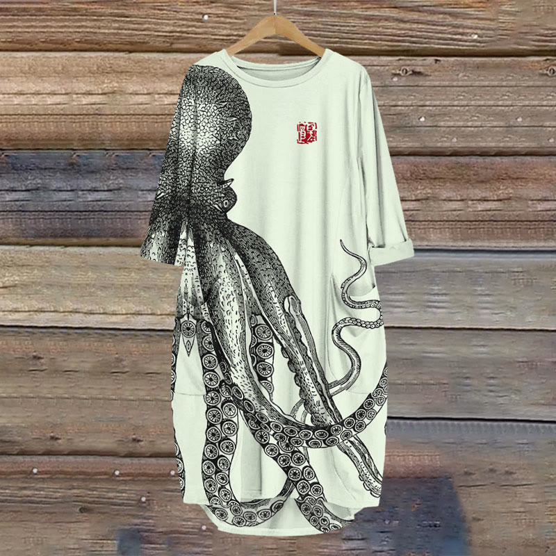 Japanese Art Octopus And Crab Print Crew Neck Dress - Green - 8XL - image 2