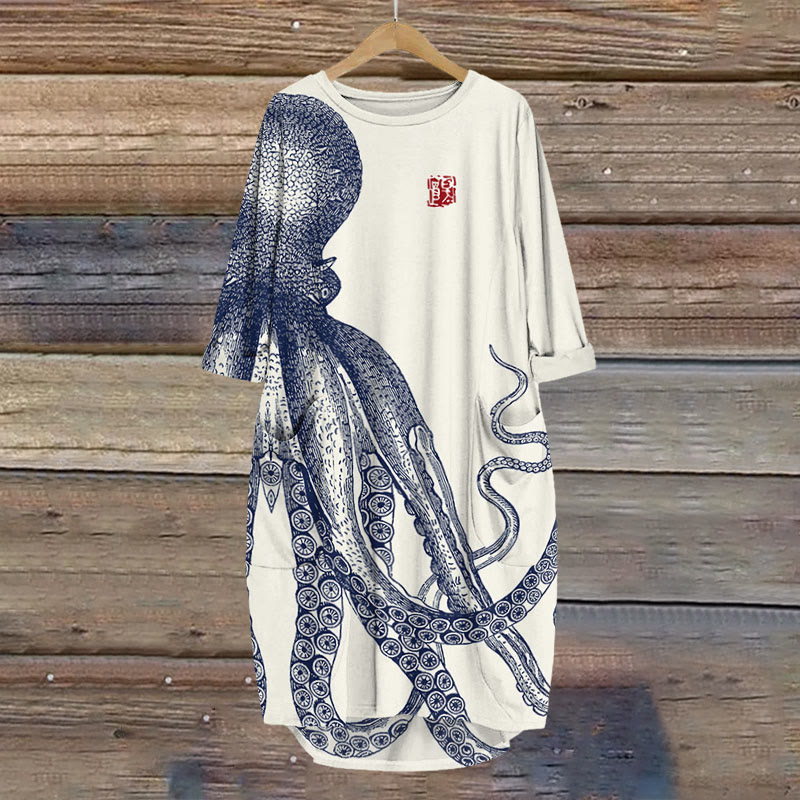 Japanese Art Octopus And Crab Print Crew Neck Dress - Apricot - 8XL - image 1
