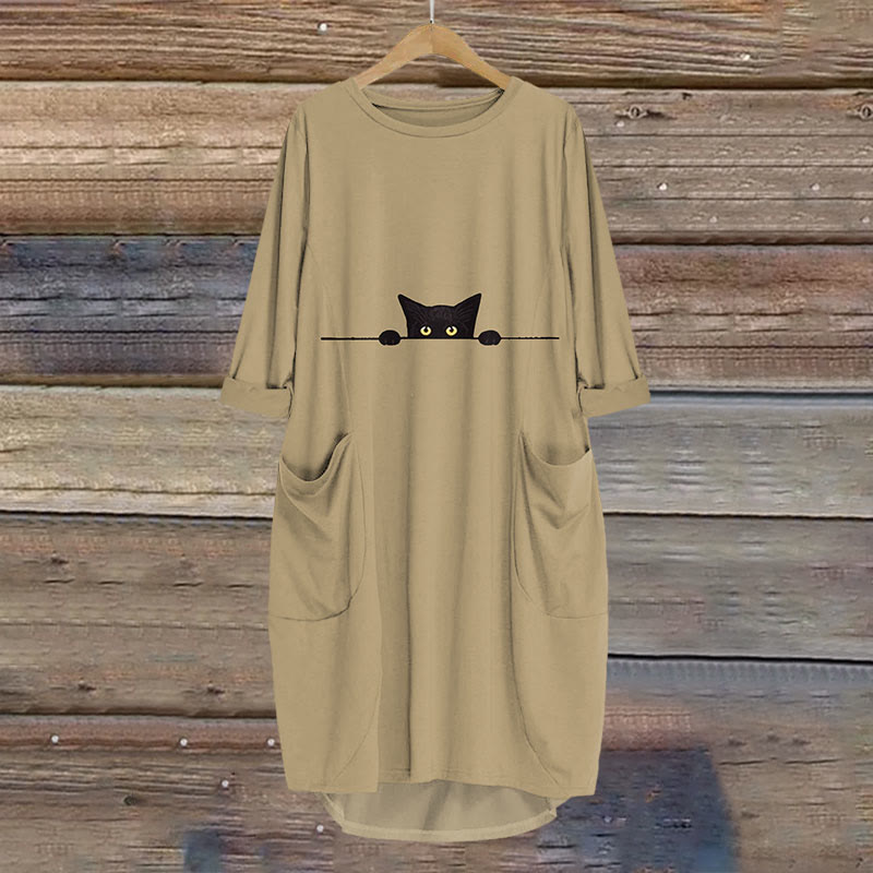 Women's Casual Black Cat Print Crew Neck Dress - Khaki - 8XL - image 2