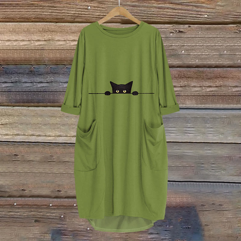 Women's Casual Black Cat Print Crew Neck Dress - Green - 8XL - image 1