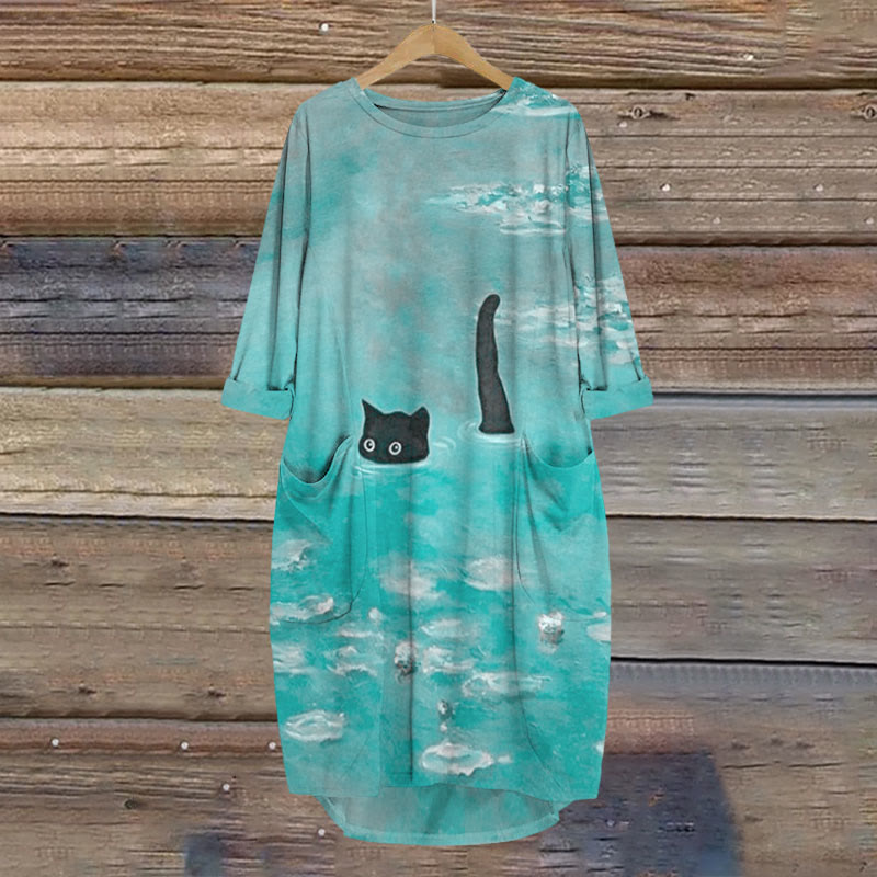 Women's Oil Painting Cat Print Crew Neck Dress - Light Blue - 8XL - image 2