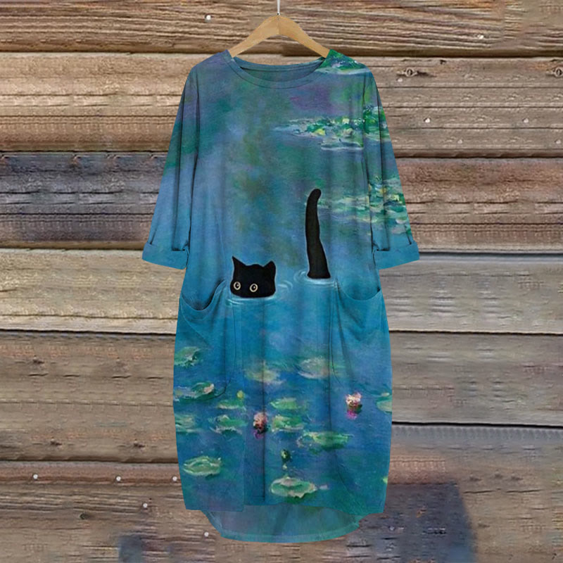 Women's Oil Painting Cat Print Crew Neck Dress - Dark Blue - 8XL - image 1