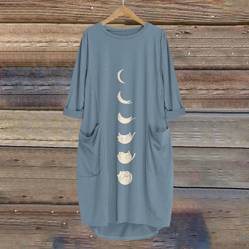 Lunar Eclipse Cat Print Crew Neck Dress - Blue - 8XL - image 2