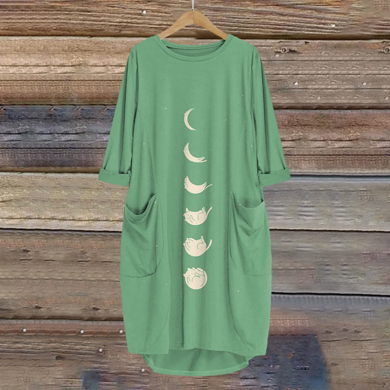 Lunar Eclipse Cat Print Crew Neck Dress - Green - 8XL - image 3