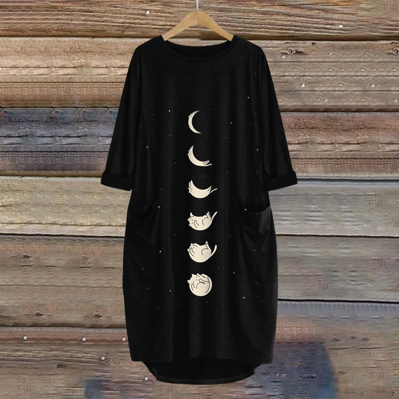 Lunar Eclipse Cat Print Crew Neck Dress - Black - 8XL - image 1