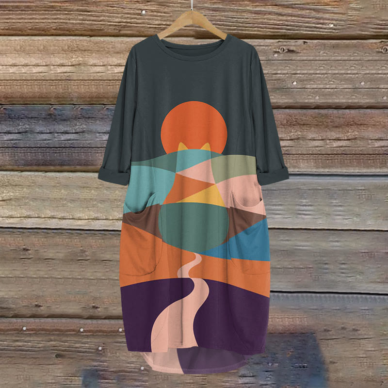 Cat Mountains Landscape Sunrise Japanese Art Vintage Print Crew Neck Dress - Dark Grey - 8XL - image 1