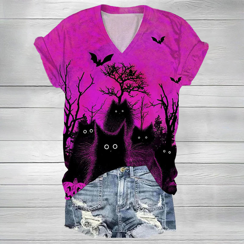 Dashingsoul Halloween Black Cat Print V-neck Short-sleeved T-shirt