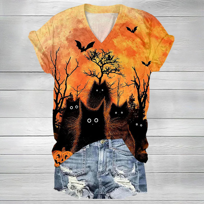 Dashingsoul Halloween Black Cat Print V-neck Short-sleeved T-shirt