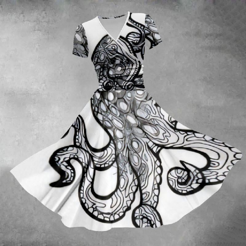 Women's Creative Ink Watercolor Abstract Octopus Print Midi Dress - Black - 5XL - image 1