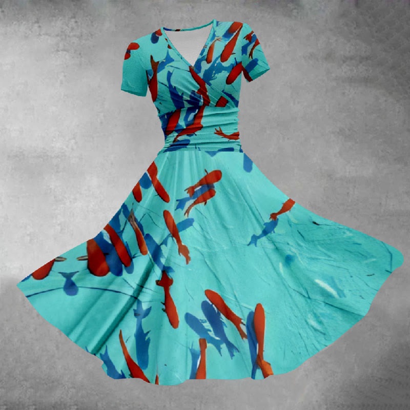 Women's Vivid Watercolor Goldfish School Art Print Midi Dress - Blue - 5XL - image 1