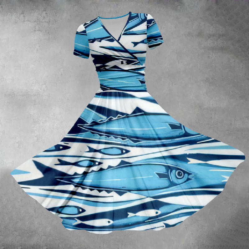 Women's Oil Painting Funny Sardines Art Print Midi Dress - Blue - 5XL - image 1