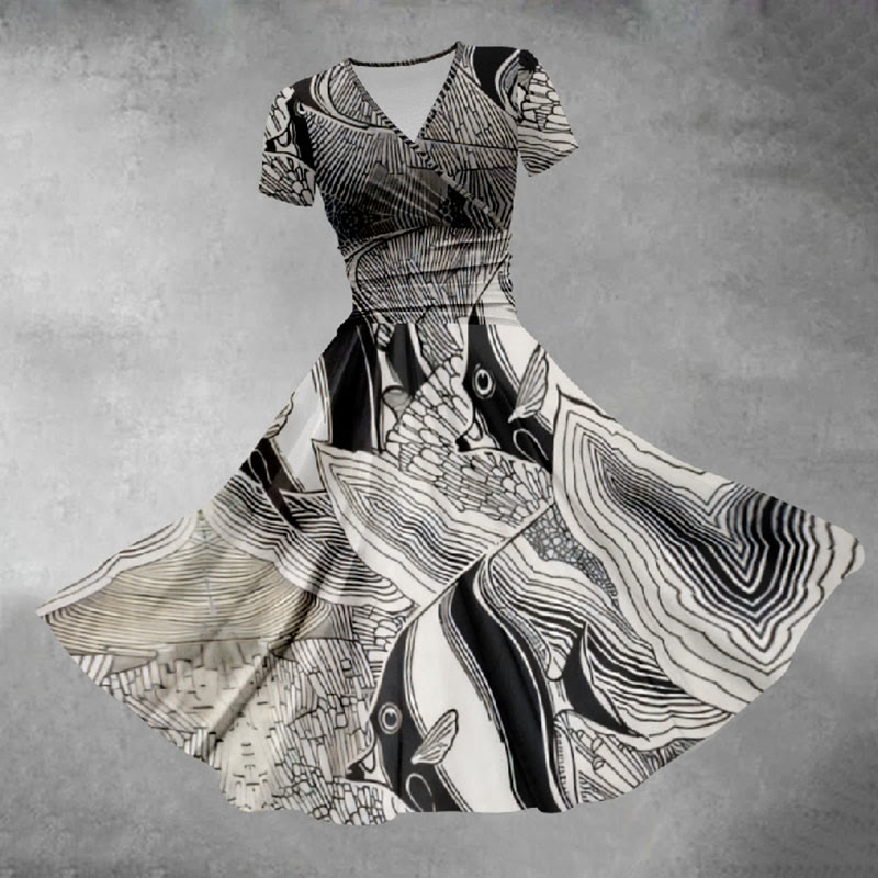 Women's Ink Watercolor Tropical Fish Art Print Midi Dress - Black - 5XL - image 1