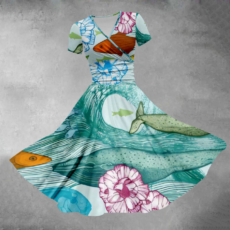 Women's Colorful Ocean Fishes Floral Art Print Midi Dress - Green - 5XL - image 1