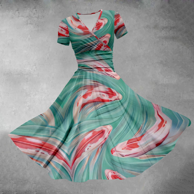 Women's Oil Painting Abstract Koi Fish Print Midi Dress - Green - 5XL - image 1
