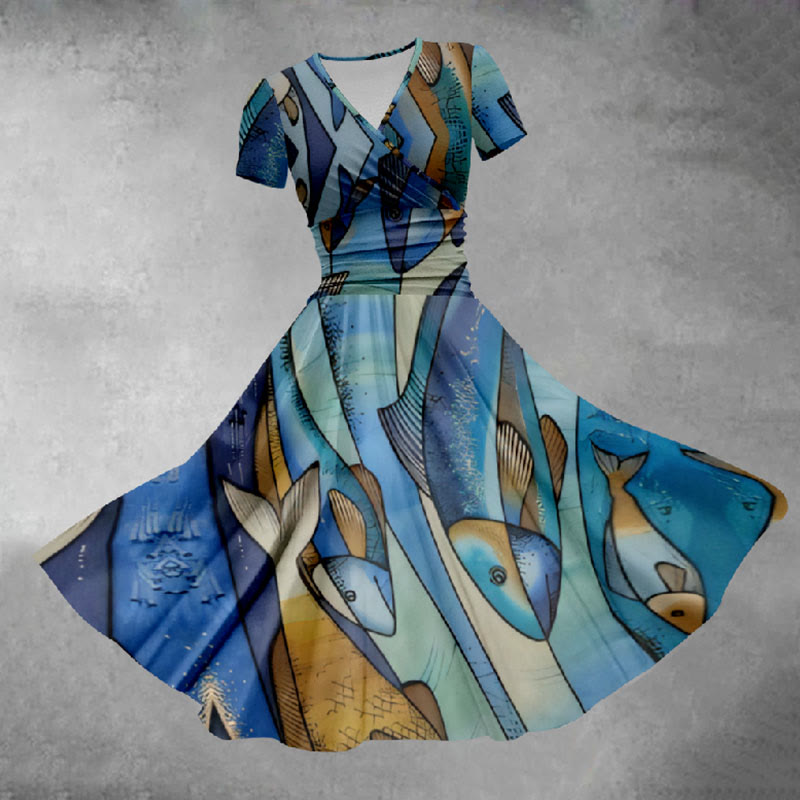 Women's Fantasy Patchwork Cartoon Fish Art Print Midi Dress - Blue - 5XL - image 1