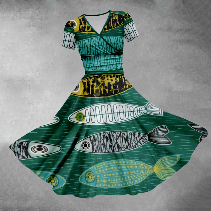 Women's Sketch Drawing Cartoon Fish Art Print Midi Dress - Green - 5XL - image 1