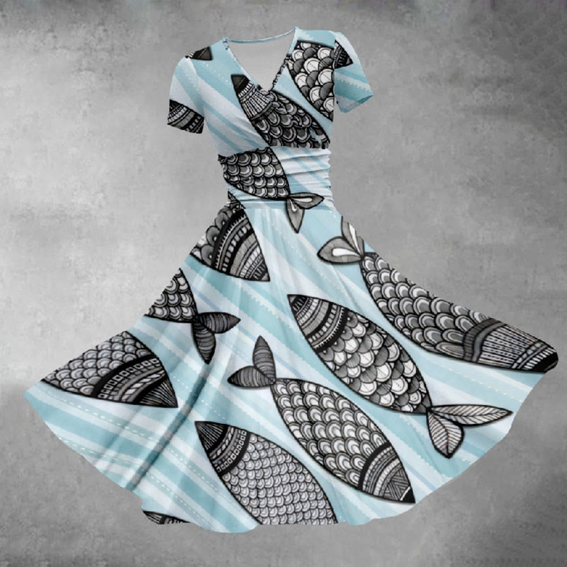 Women's Creative Ink Watercolor Fish Scales Art Print Midi Dress - Black - 5XL - image 1