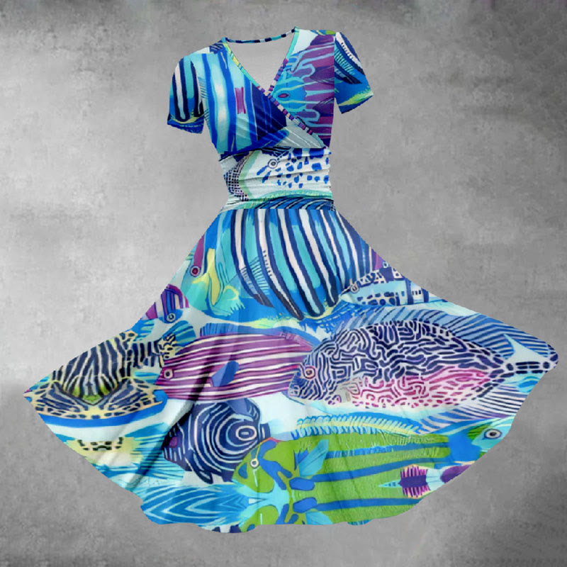 Women's Creative Colorful Abstract Fish Graffiti Print Midi Dress - Multicolor - 5XL - image 1