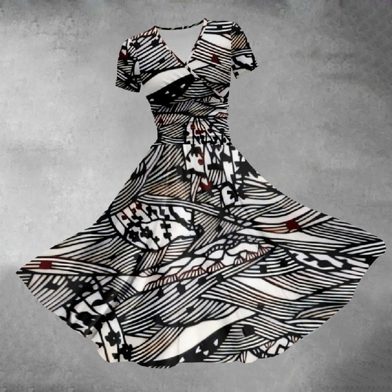 Women's Summer Fashion Ink Striped Graffiti Art Print Midi Dress - Black - 5XL - image 1