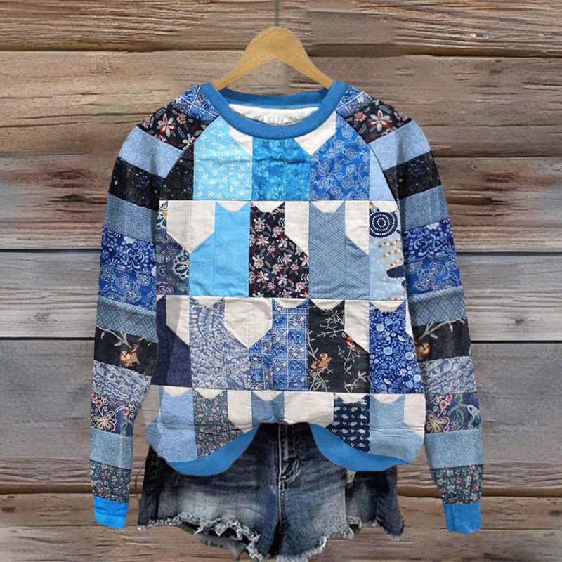 Women's Waves & Cats Print Raglan Sweatshirt - Blue - 5XL - image 1