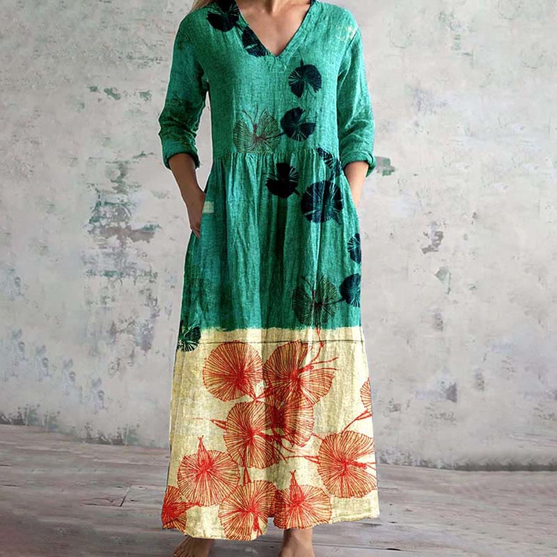 Women's V Neck Art Floral Pattern Pockets Midi Dress - Green - 6XL - image 1