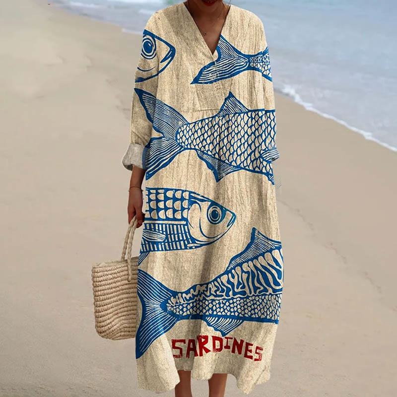 Women's Casual Cute Sardines Art Print V-Neck Long Sleeved Casual Midi Dress - White - 6XL - image 1