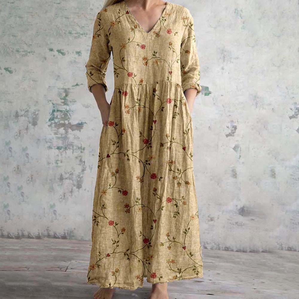 Women's Elegant Simple Floral Pattern Midi Dress - Yellow - 6XL - image 1