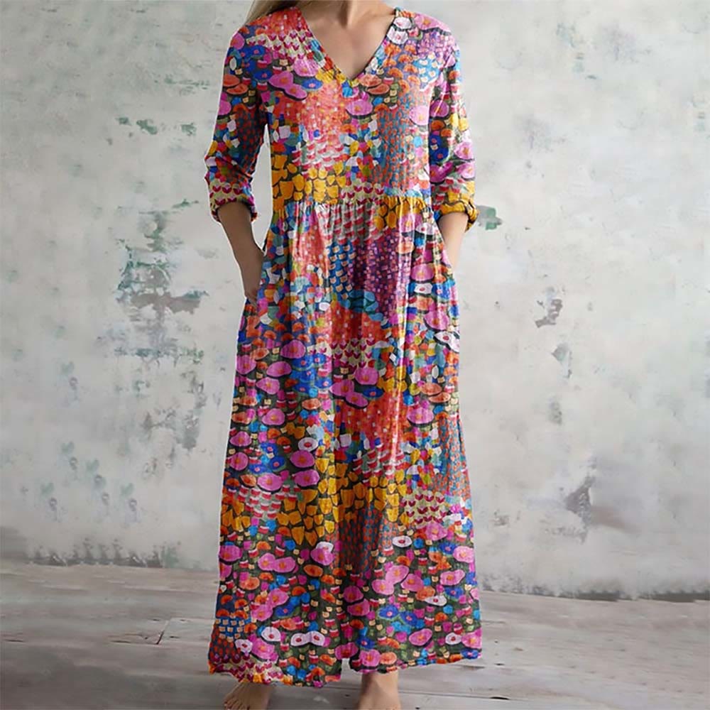 Women's Elegant Ethnic Geometric Floral Pattern Midi Dress - Rose - 6XL - image 1