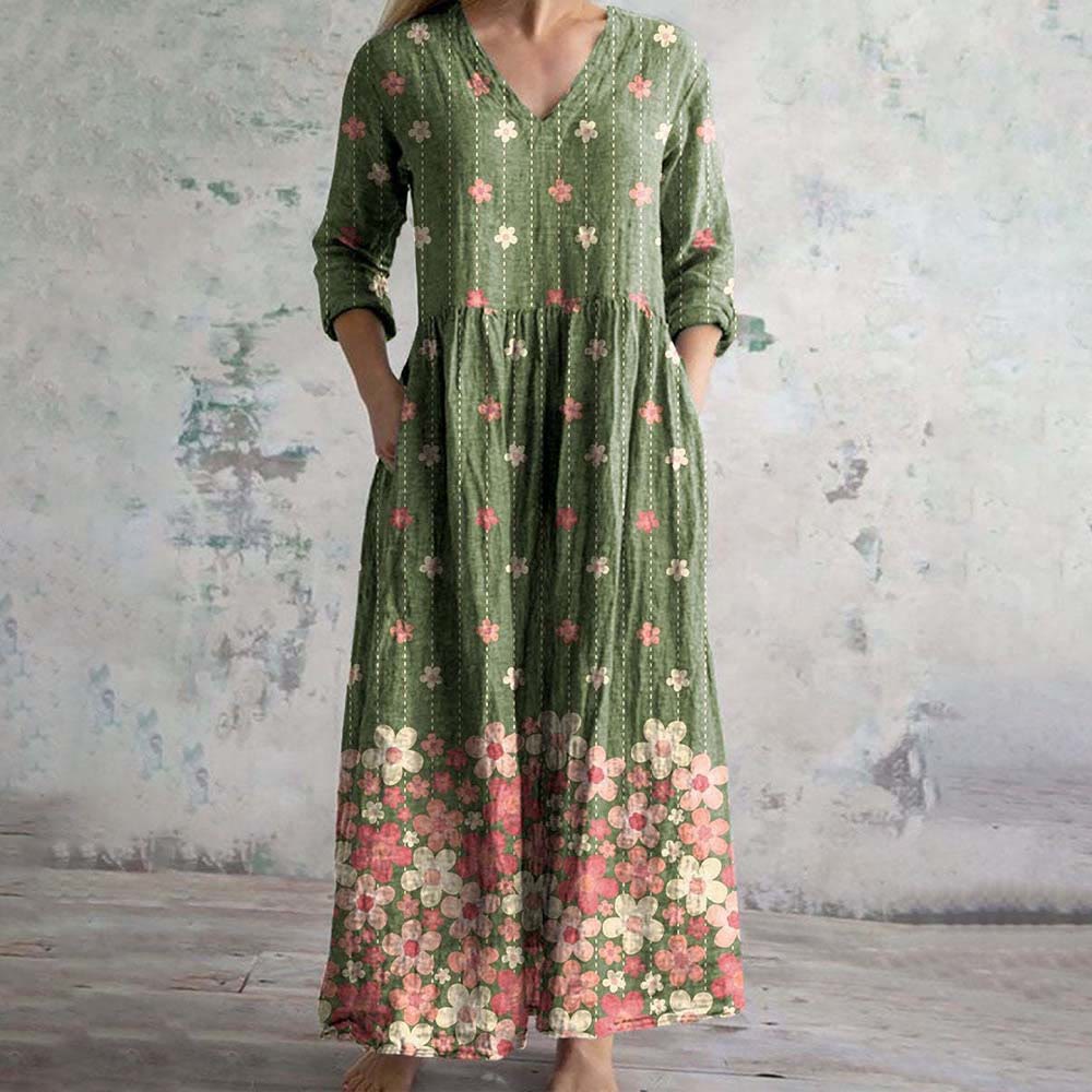 Women's Elegant Floral Pattern Midi Dress - Green - 6XL - image 1