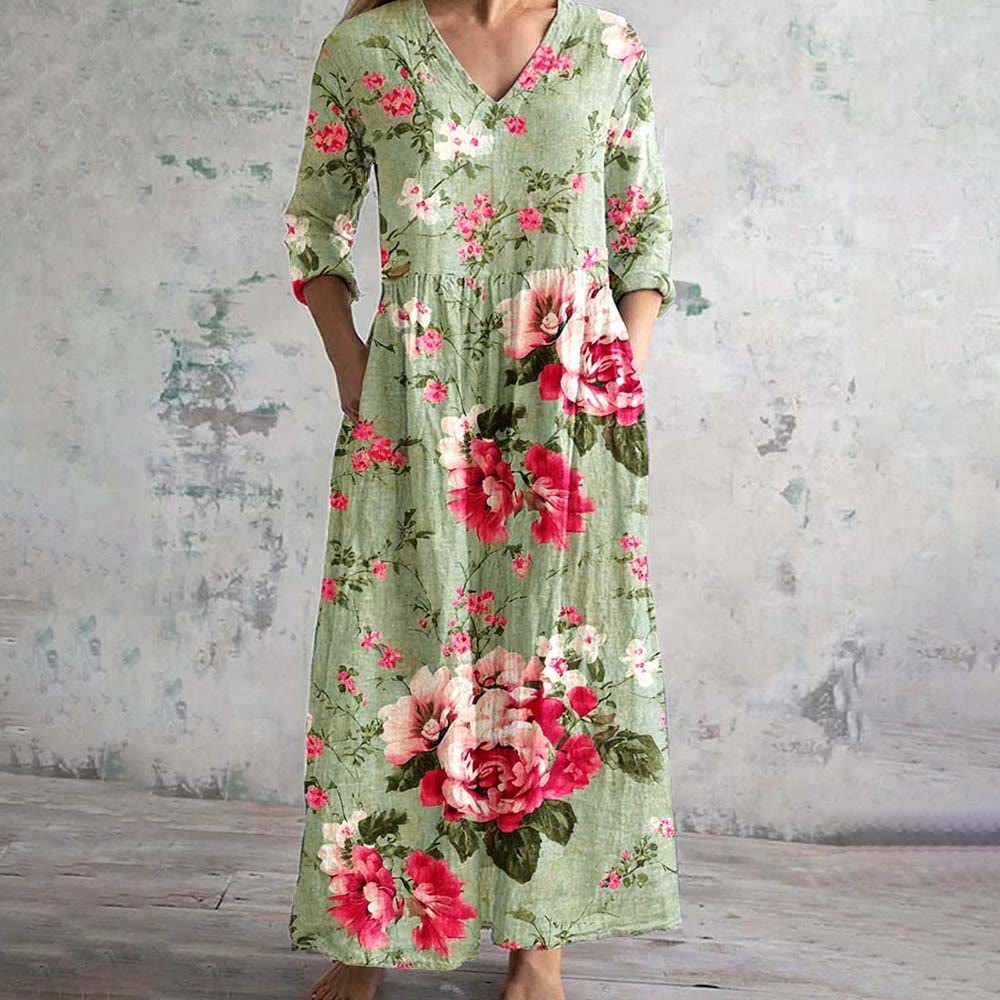 Women's Art Rose Floral Pattern Midi Dress - Green - 6XL - image 1