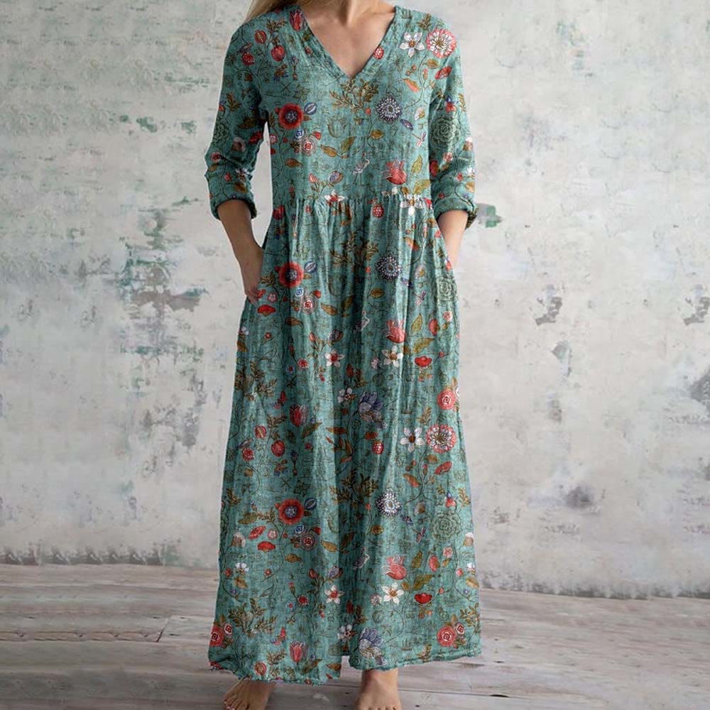 Women's Elegant Vintage Floral Pattern Midi Dress - Green - 6XL - image 1