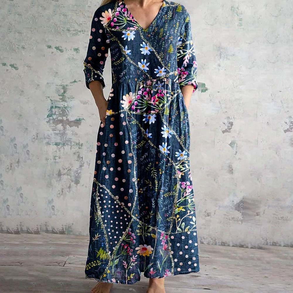 Women's Vintage Geometric Floral Print V Neck Midi Dress - Blue - 6XL - image 1