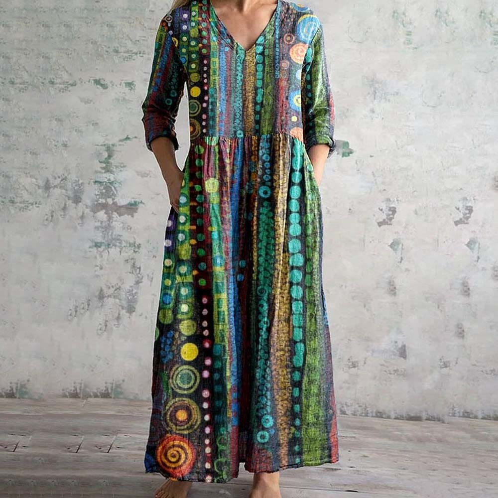Women's Vintage Bohemian Pattern V Neck Midi Dress - Green - 6XL - image 1