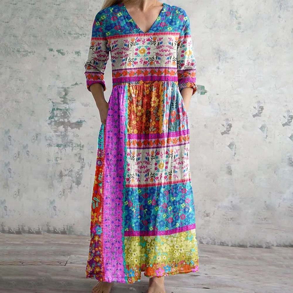 Women's Kantha Style Floral Pattern V Neck Midi Dress - Rose - 6XL - image 1