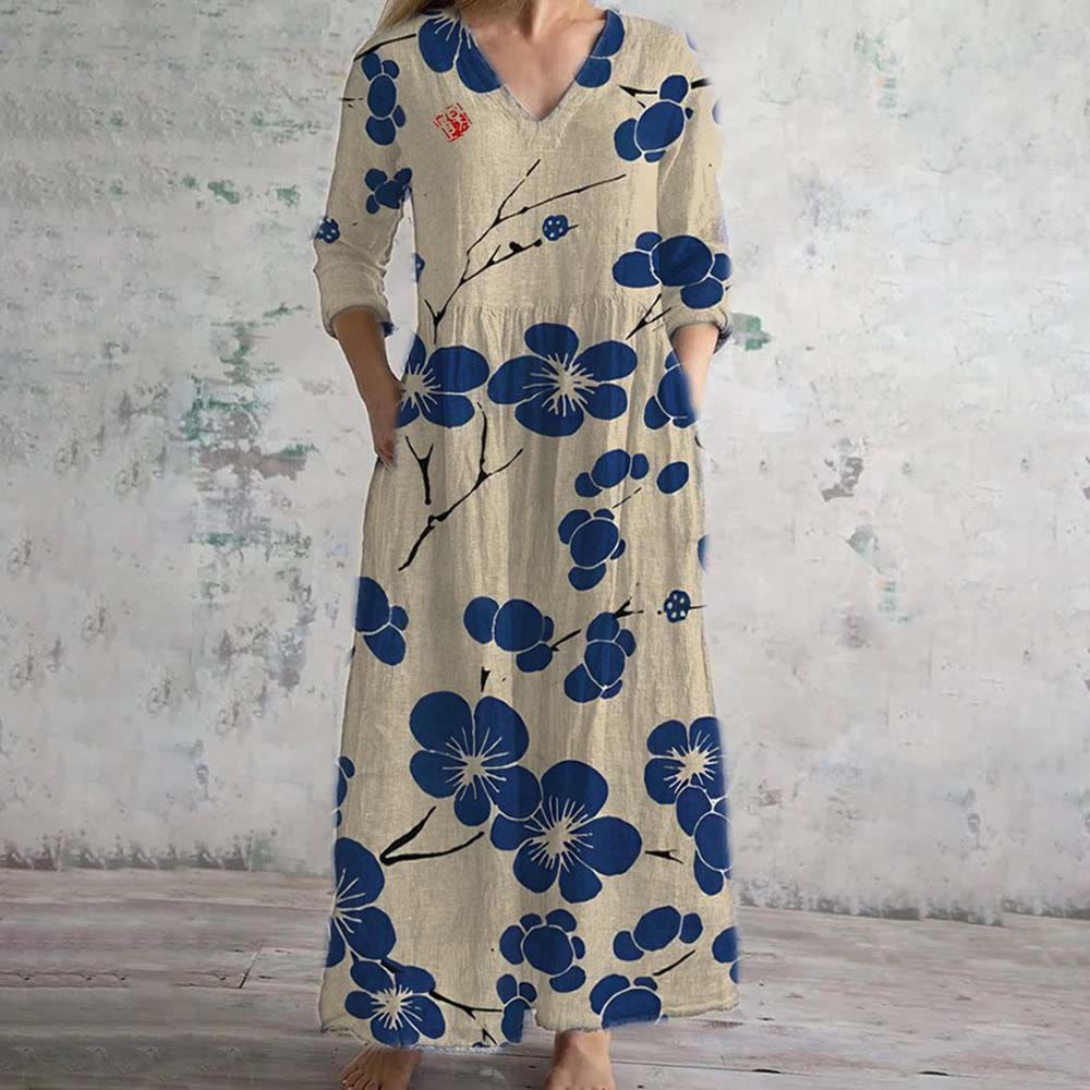 Women's Floral Print V-Neck Midi Dress - Blue - 6XL - image 1