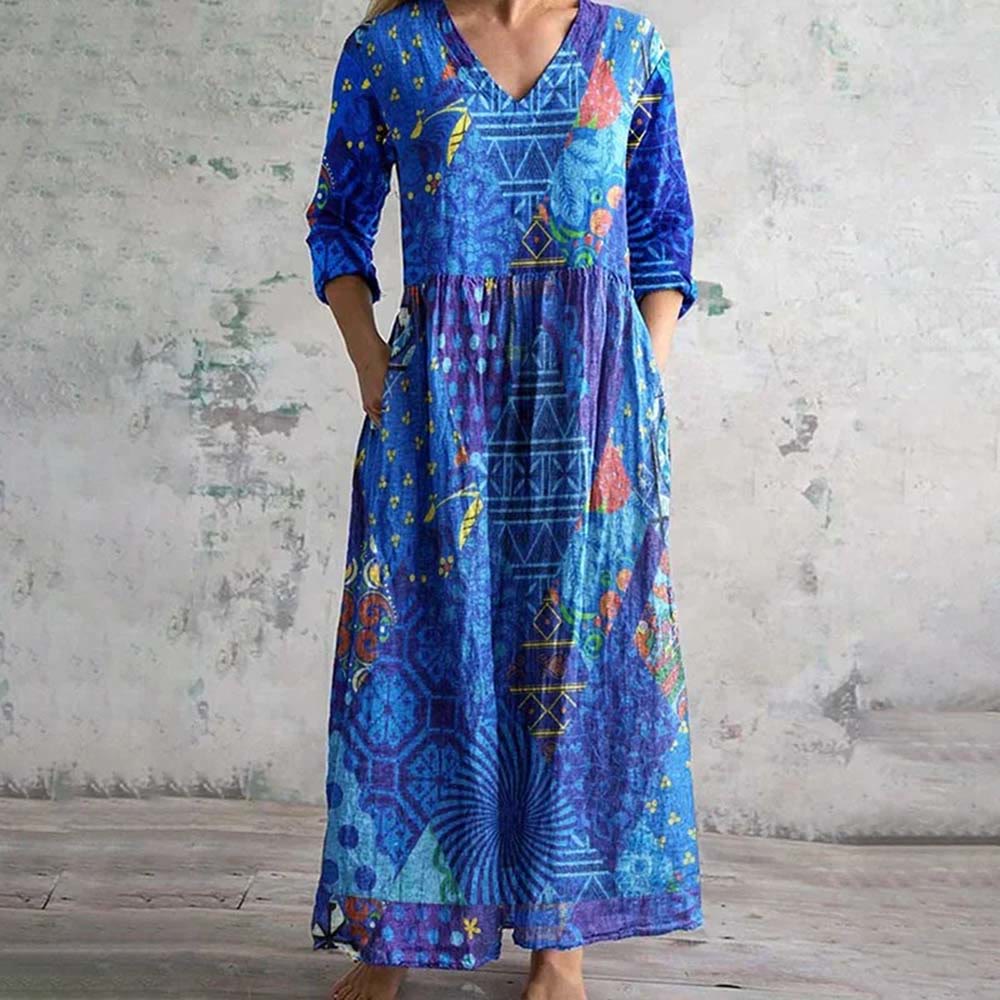 Geometric Print V-Neck Casual Loose Midi Dress - Blue - 6XL - image 1