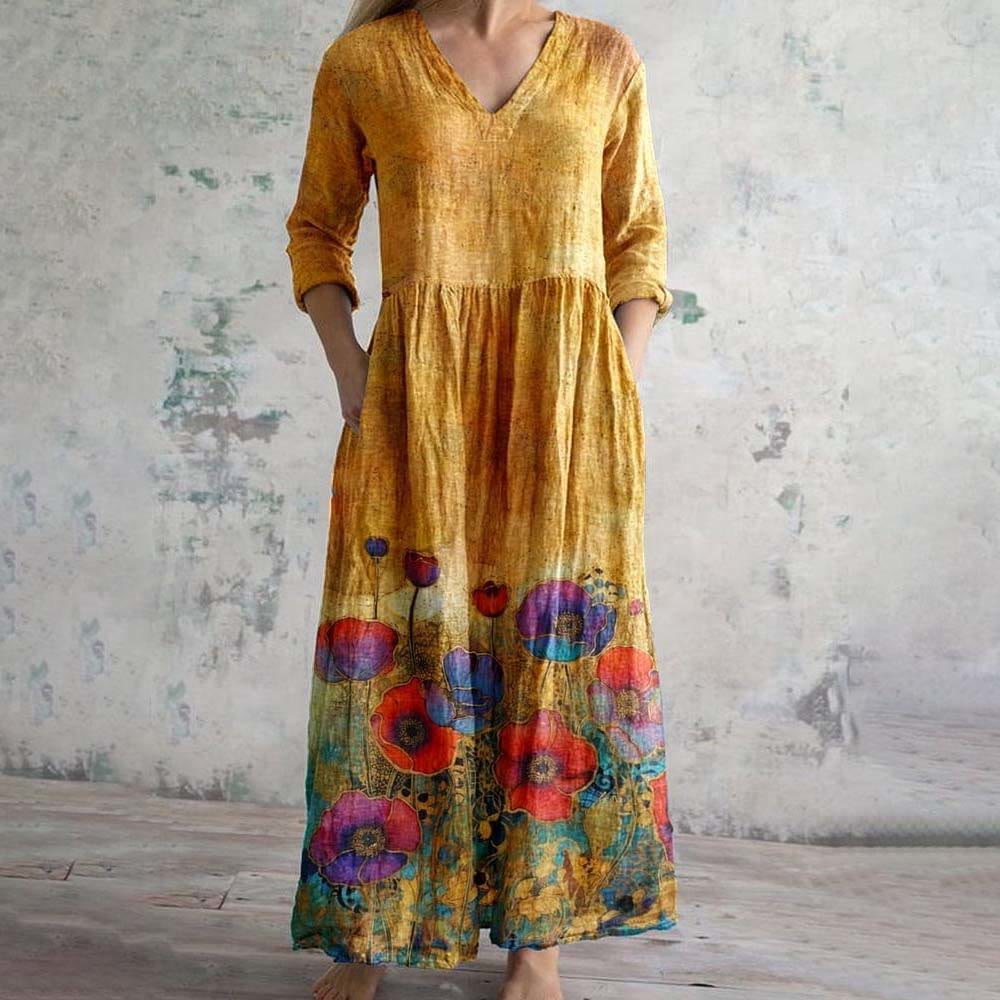 Women's Poppy Floral V-Neck Dress With Pockets - Yellow - 6XL - image 1
