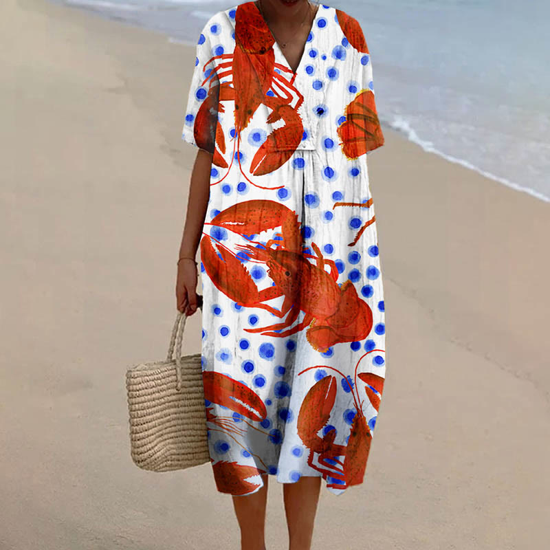 Women's Japanese Funny Lobster Spots Print V-neck Short Sleeved Casual Midi Dress - Red - 6XL - image 1