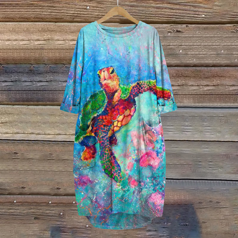 Colorful Sea Turtle Oil Painting Art Print Crew Neck Casual Dress - Blue - 8XL - image 1